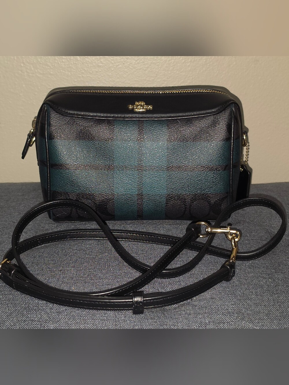 Coach Black and Green Plaid Leather Crossbody Bag